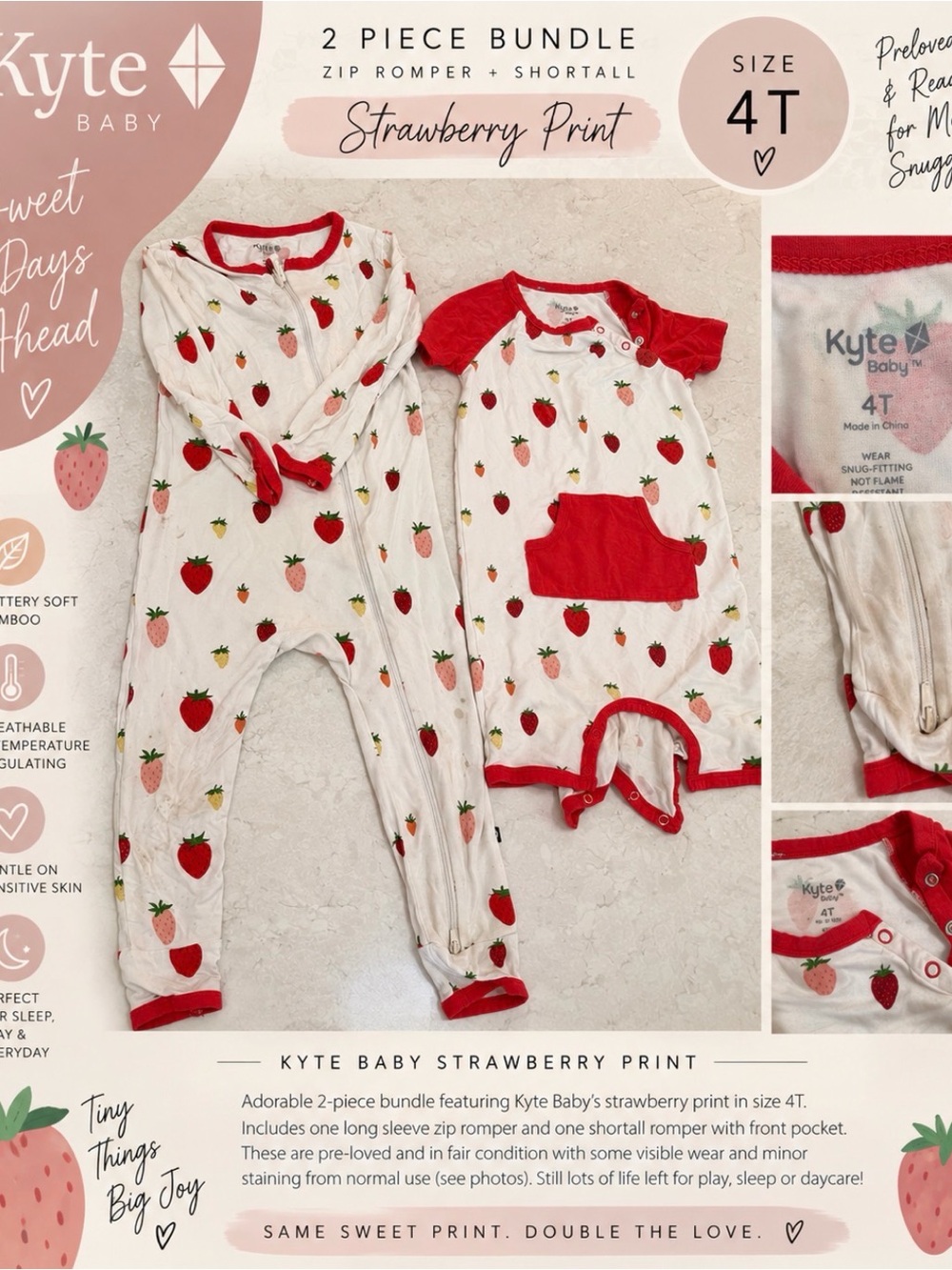 Kyte Baby Strawberry 4T Bamboo Romper + Shortall Bundle 🍓
